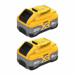 This kit includes two 20V DC, 8 Ah lithium-ion battery packs for DEWALT 20V MAX* cordless power tools. The high capacity provides extended runtime for drills, saws, impact drivers, and other compatible tools in construction and maintenance applications. Avoid exposure to oils and solvents during use and storage.