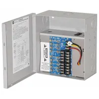 This power supply board with enclosure operates on 115V AC input and delivers 24V AC at 12.5A through eight fused outputs. Housed in a steel enclosure, it is suited for power distribution in control panels, security systems, and access control applications