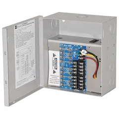 This power supply board with enclosure operates on 115V AC input and delivers 24V AC at 12.5A through eight fused outputs. Housed in a steel enclosure, it is suited for power distribution in control panels, security systems, and access control applications.