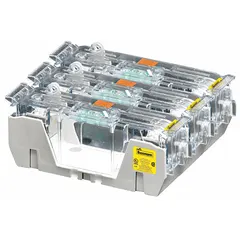 3-pole open block design fuse block for UL Class RK1 and RK5 fuses. Rated 250 V AC with box lug terminals, non-indicating. Used in industrial control panels, motor circuits, and power distribution systems for secure fuse mounting and wiring.