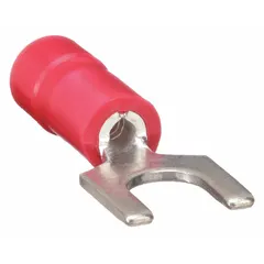 Red vinyl insulated fork terminal from the CT Series with funnel-entry barrel. Accommodates 22 AWG to 16 AWG wire, fits #10 studs, rated 600 V. Standard fork shape allows easy installation and removal without fully disconnecting the stud. Used for terminating wires in control panels and power distribution systems.