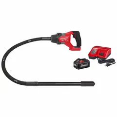 This cordless concrete vibrator operates on 18V DC with a brushless motor. It has a 4 ft length, 1 in diameter, and a 4 in radius. Used for consolidating concrete to remove air pockets and ensure proper settling in forms, slabs, and walls.