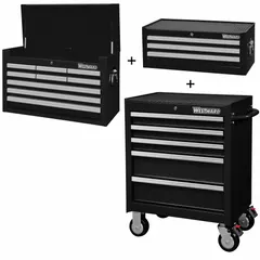 This combo unit includes a top chest, intermediate chest, and rolling cabinet with 17 drawers. It features ball-bearing drawer slides and a keyed lock for security. The overall dimensions are 26 3/4 in width, 18 in depth, and 60 3/8 in height. Suitable for organized tool storage in workshops and garages.