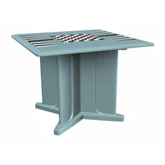 Square X-base table with game top included. Overall depth 42 in, overall width 42 in. Blue Gray finish. Suitable for break rooms, patios, and game areas.