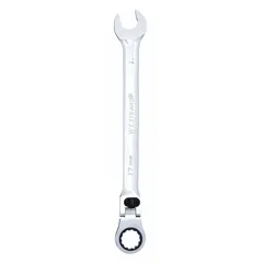 Alloy steel construction with a chrome finish. 17 mm head size with a 10-inch overall length. 12-point ratcheting box end for fastener engagement. Used for tightening or loosening fasteners in mechanical and industrial settings.