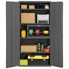 This welded steel cabinet with powder-coated gray finish provides secure storage for tools, parts, and equipment in warehouses, factories, and maintenance shops. It includes four adjustable shelves and a swing handle with keyed lock. Panel thickness is 14 ga. Stationary, assembled.