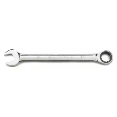 Alloy steel construction with full polish chrome finish. SAE 12-point ratcheting box end enables faster fastening without repositioning; open end provides standard wrench functionality. Head size: 1-7/16 in. Standard length. Suitable for tightening or loosening fasteners in general mechanical tasks.