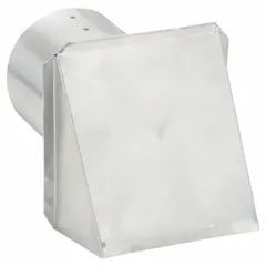 This round wall cap is made of aluminum with a silver, milled finish. It fits 3-inch to 4-inch ducts and uses a press-fit connection. Designed for terminating ducts through exterior walls, it functions as a smooth rain cap to protect the opening from weather while allowing exhaust airflow. No screen or backdraft damper included.