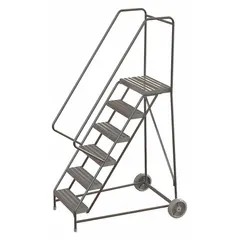 This assembled aluminum tilt-&-roll ladder features a 5 ft platform height and double handrails. Its wheelbarrow-style base enables one person to move and position the ladder without dismounting. Suitable for industrial maintenance and material handling tasks in warehouses and plants.