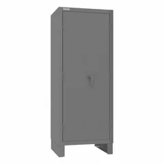 Welded steel cabinet with powder-coated gray finish. Includes legs and three adjustable shelves. Features a recessed swing handle that can be padlocked. Suitable for secure storage of tools, parts, and equipment in warehouses, factories, and workshops.