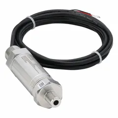 Stainless steel gauge pressure transmitter with a range of -14 to 100 psi and 4-20 mA output. Accuracy ±0.20% of full scale, proof pressure 152.29 psi. Features 1/2 in NPT conduit with cable, IP67 rating, and Class I, Div 1, Groups A, B, C, D certification for hazardous locations.