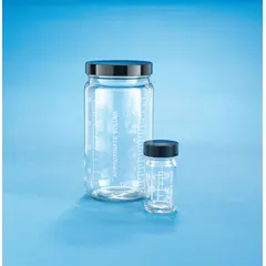 Colorless, wide-mouth round glass bottle with graduated markings for approximate volume measurement. Features a 48-400 mm screw closure with phenolic cap and pulp/vinyl liner. Suitable for general storage of liquids or solids in laboratory and industrial settings.
