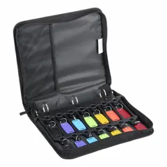 Fabric key binder with 42-key capacity, no lock, in black. Includes key tags. Measures 2 inches high, 13 3/4 inches wide, 11 inches deep. Suitable for organizing keys in facility management or maintenance settings.