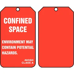 Red single-part safety tags for identifying confined spaces that may contain potential hazards. Each pack includes 25 tags in #7 size; legend is not the same on both sides. Fastener not included. Used to alert workers to environmental risks in industrial settings.