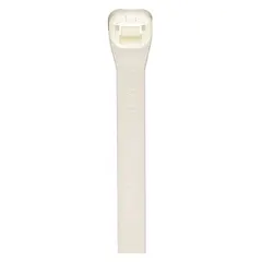 This all-purpose nylon cable tie is 8 inches long and 0.14 inches wide, with a 2-inch maximum bundle diameter. It is natural in color and sold in a pack of 100. Suitable for indoor bundling and securing of wires and cables in control panels, data centers, and electrical installations.