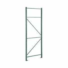 Steel upright for pallet rack systems, 10 ft overall height, 48 in x 3 in face dimensions, green steel finish. Teardrop-style connection allows beam adjustment. Used in warehouses and distribution centers for supporting pallet rack beams.