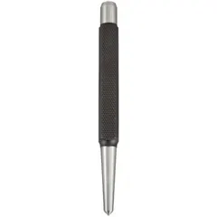 This center punch features a 3/16 in tip size and 1-5/8 in taper length, with a square knurled grip for secure handling. It is used to create a precise dimple in metal or other materials to guide drill bits, preventing wandering. Suitable for layout and marking tasks in machining, fabrication, and maintenance.