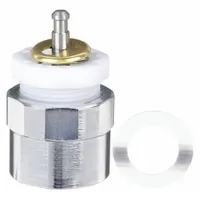 This metering faucet cartridge is constructed of brass with a nickel-plated finish and features a compression-type actuation mechanism. It includes one actuator and is designed for use with hot and cold water in commercial metering faucets, commonly found in public restrooms, kitchens, and industrial wash stations