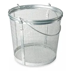 This round parts washer basket is constructed from galvanized steel with a silver finish. It measures 8 1/2 inches in width and includes a handle for easy transport. The basket is not stackable and does not include a lid. It is used to hold small components during solvent or aqueous cleaning in industrial parts washers, allowing cleaning fluid to drain through the open mesh design.
