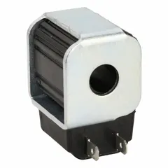 Cartridge valve coil for hydraulic systems, rated 24V DC. Features Dual Spade electrical connection and housing made of Glass Filled Rynite. Overall dimensions: 1.56 in height, 1.33 in width. Used to actuate compatible hydraulic cartridge valves in industrial fluid power applications.