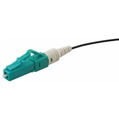 LC simplex fiber optic connector for terminating OM3 multimode fiber cables. Features an aqua finish and is supplied in a 12-pack. Suitable for use in high-speed data networks, LANs, and telecommunications systems.