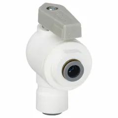 Manual two-way ball valve with polypropylene body, angle configuration, push x push connections, and full port ball port. Features a lever handle. Compliant with NSF 51. Suitable for fluid handling systems requiring corrosion resistance and full flow.