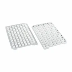 White silicone sealing mat for 96-well plates. Features a + opening (5.7 mm) for needle access without removal. Provides a leak-proof seal to reduce evaporation and contamination during storage, incubation, or transport. Suitable for high-throughput screening and assay workflows.