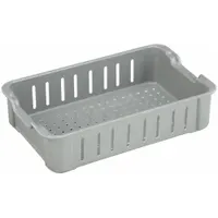 This composite stacking tub is designed for extreme-temperature washdown environments. It measures 17 3/4 in x 10 1/2 in x 4 1/8 in and operates from -60°F to 250°F. The vented walls allow drainage during sanitation cycles. Lid not included