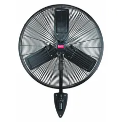 This Dayton wall-mount fan features a 24-inch blade diameter and a 1/4 hp motor operating on 115V AC. It offers two speeds and oscillating function for air circulation in industrial spaces such as workshops and warehouses. The bracket mounting allows secure installation on walls to save floor space.