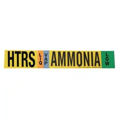 Ammonia adhesive pipe marker for liquid/vapor phase at low IIAR pressure level. Fits pipe outside diameter 8 inches and larger. Displays IIAR system abbreviation HTRS. Supplied without arrows.