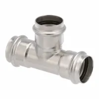 This press tee fitting branches potable water lines in stainless steel press-fit systems. It connects three 1 1/2 in CTS pipes with a rubber sealing element for leak-free joints in commercial and industrial plumbing
