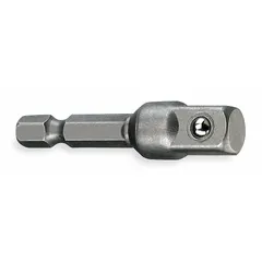 This adapter converts 1/4" hex drive impact tools to 1/4" square drive sockets. Black oxide finish provides corrosion resistance. Locking mechanism secures socket during high-torque applications. Commonly used for fastening and loosening bolts in automotive, construction, and industrial settings.