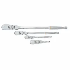 This reversible pear-head flex-head ratchet set includes four lengths: 5 in, 7 in, 11 in, and 17 in overall. The 4° minimum arc swing enables use in confined spaces. Suitable for tightening and loosening fasteners in automotive, industrial, and mechanical applications.