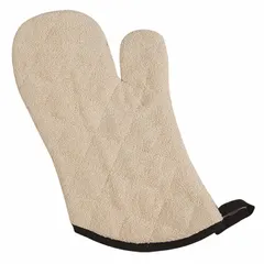 Cotton oven mitt in tan color with 13-inch overall length. Suitable for handling hot cookware, bakeware, and oven racks in commercial kitchens and food-service environments.