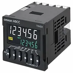 The OMRON H5CC-A11S is a totalizer counter for DIN track mounting, featuring an LED display and remote signal input. It has an output rating of 100mA at 30VDC and complies with RCM standards. With a compact size of 19 1/4 in x 2 in and 2 in overall width, it is suitable for panel or enclosure installations in industrial automation for counting events or pulses.