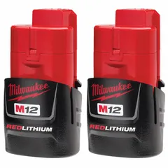This 12V DC battery pack delivers 1.5 Ah capacity for powering M12 cordless tools. Each pack includes two batteries, suitable for light-duty fastening, drilling, and assembly tasks in construction, maintenance, and repair applications.