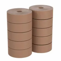 Medium-duty water-activated kraft tape for sealing corrugated boxes and cartons. Provides a strong, tamper-evident bond when activated with water. Each roll is 3 in wide by 450 ft long with a 7 mil thickness. Sold in a 10-pack