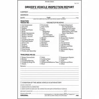 A 3-ply carbonless Driver Vehicle Inspection Report in book format. Lists specific tractor and trailer parts for systematic pre-trip inspections. Complies with DOT standards. English language