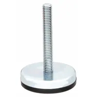 Round base leveling mount with fixed male stud and rubber thrust pad. Provides non-skid support and vibration damping for machinery, conveyors, and workstations. Thread size 5/8"-11, load capacity 500 lb, base diameter 3.19 in