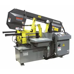 This mitering automatic horizontal band saw from MARVEL has a 15 in x 24 in capacity and a blade speed range of 65 to 330 SFPM. It operates on 230V AC with a 20.4 A current draw and mitering from 0° to 45° right. Suitable for cutting metal stock such as structural steel, pipes, and bars in fabrication, manufacturing, and maintenance shops.