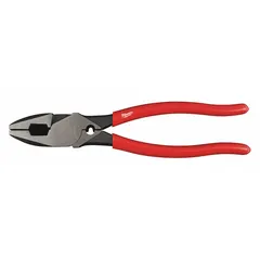 Multipurpose lineman's pliers with 9-inch overall length, 1 7/8-inch jaw length, 1 3/4-inch jaw width, and 5/8-inch jaw thickness. Includes a screw cutter for cutting screws and wire. Dipped grip provides comfort. Suitable for cutting and gripping tasks in industrial, electrical, and construction applications.
