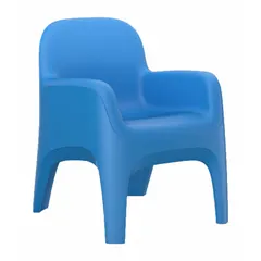 This single-seat arm chair features a slate blue polyethylene seat and includes arms. It is designed for floor mounting and meets CAL 133 flammability and ISO 22196 standards. Suitable for commercial waiting areas, lobbies, and break rooms.