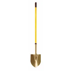 Round point shovel with a gold aluminum-bronze alloy blade and a yellow straight handle. The blade material is non-sparking, making it suitable for use in environments where spark prevention is critical.