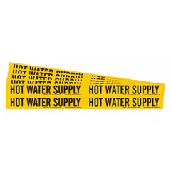 Yellow adhesive pipe marker with black legend reading 'Hot Water Supply'. Fits pipe outer diameters from 3/4 to 2-3/8 inches. Each pack contains 4 markers without arrows, sold in a 5-pack. Used for identifying hot water supply lines in piping systems.