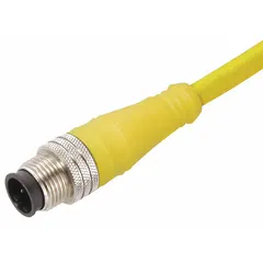 Single-ended cordset with a yellow PVC jacket for flexing applications. One end has an M12 male straight connector (4 pins), the other end is bare wire. Cable length is 2 m with 24 AWG wire, rated for 4 A maximum current. IP65 and NEMA 6P rated for use in industrial environments with moisture and vibration.