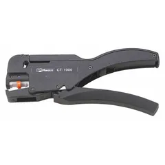 The PANDUIT CT-1000 is an auto-adjusting wire ferrule crimper for insulated single ferrules up to 20 AWG. It produces a trapezoid crimp profile and includes cutting and stripping functions. Suitable for electrical termination and control panel wiring applications.
