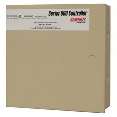 Power supply controller board with enclosure for managing and distributing power to gate operators and access control systems. Provides voltage regulation and protection for automated gate mechanisms in industrial and commercial facilities.