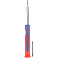 Precision multi-bit screwdriver with four tips: Phillips #0 and #00, slotted 3/32 in and 1/8 in. Designed for fine assembly, electronics, and small appliance repair where multiple tip sizes are needed.