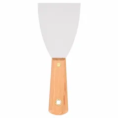 Standard scraper with a stiff, tapered carbon steel blade and a straight wood handle. Overall length of 8 inches. Used for removing paint, adhesive, rust, and other buildup from flat surfaces in construction, maintenance, and metalworking tasks.