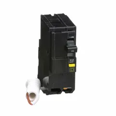 Plug-in miniature circuit breaker for overcurrent and short-circuit protection in single-phase 120/240V AC circuits. Rated 20 A, 2-pole, with a maximum interrupting rating of 10kA at 120/240V AC. Compatible with QO Load Centers and NQ Panelboards.